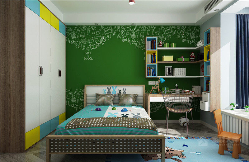 干凈整潔綠色兒童房設計效果圖