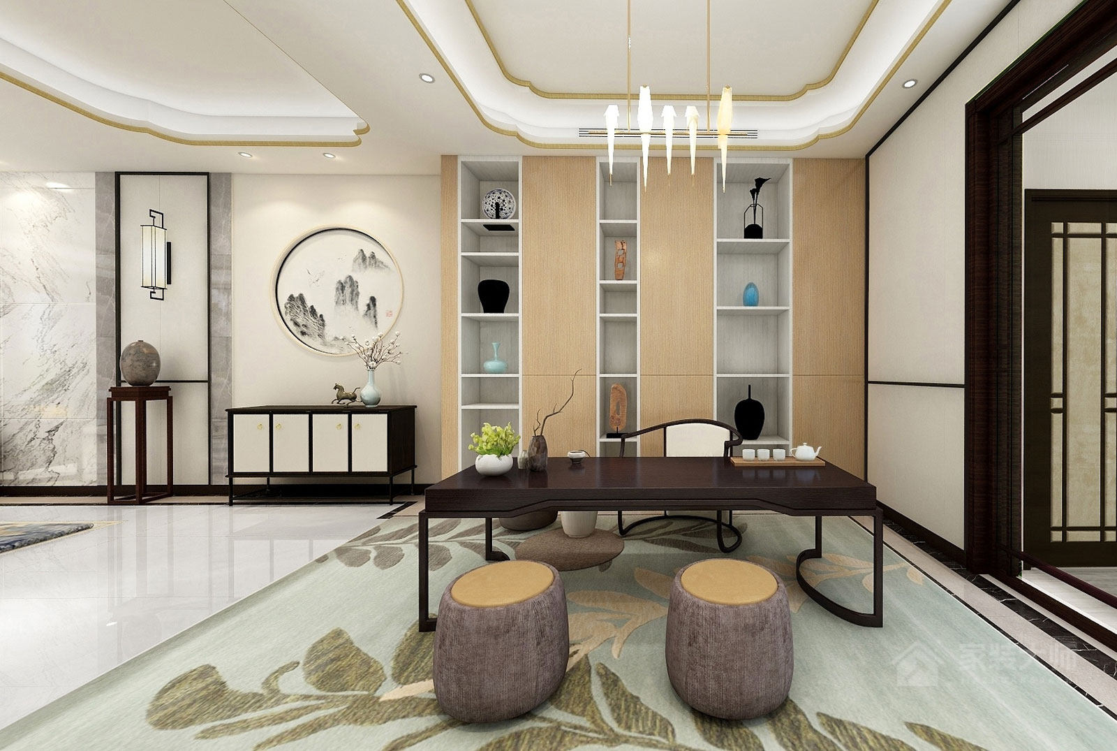 新中式设计家庭休闲区效果图
