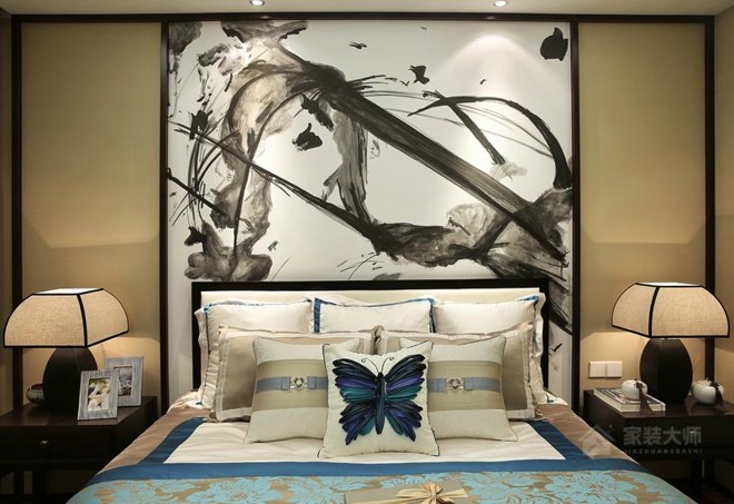 現代中式臥室背景墻水墨畫圖片