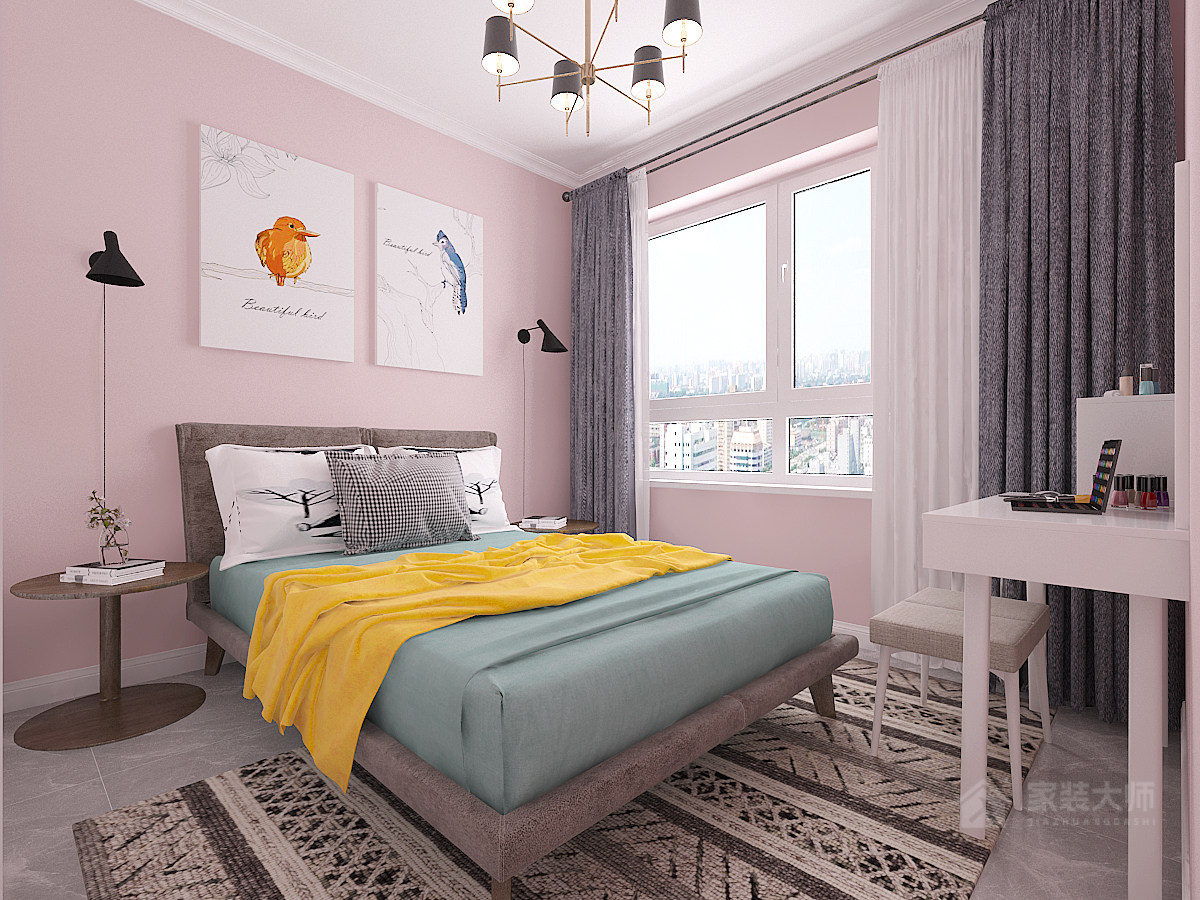 北欧风格粉色调卧室效果图