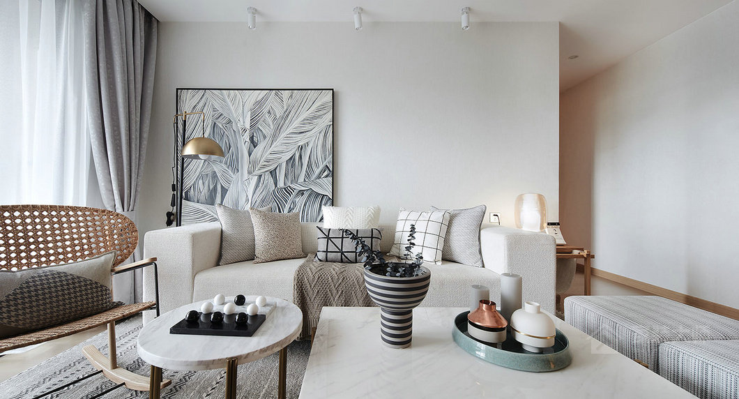 现代简约客厅素色调布艺沙发图片
