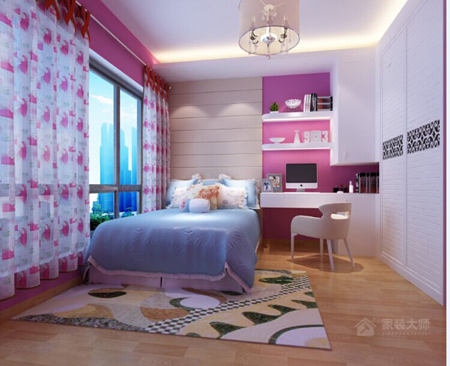 粉紅色簡約風兒童房雙人床效果圖