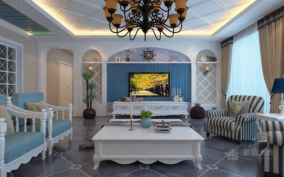 地中海風格客廳藍色電視墻圖片