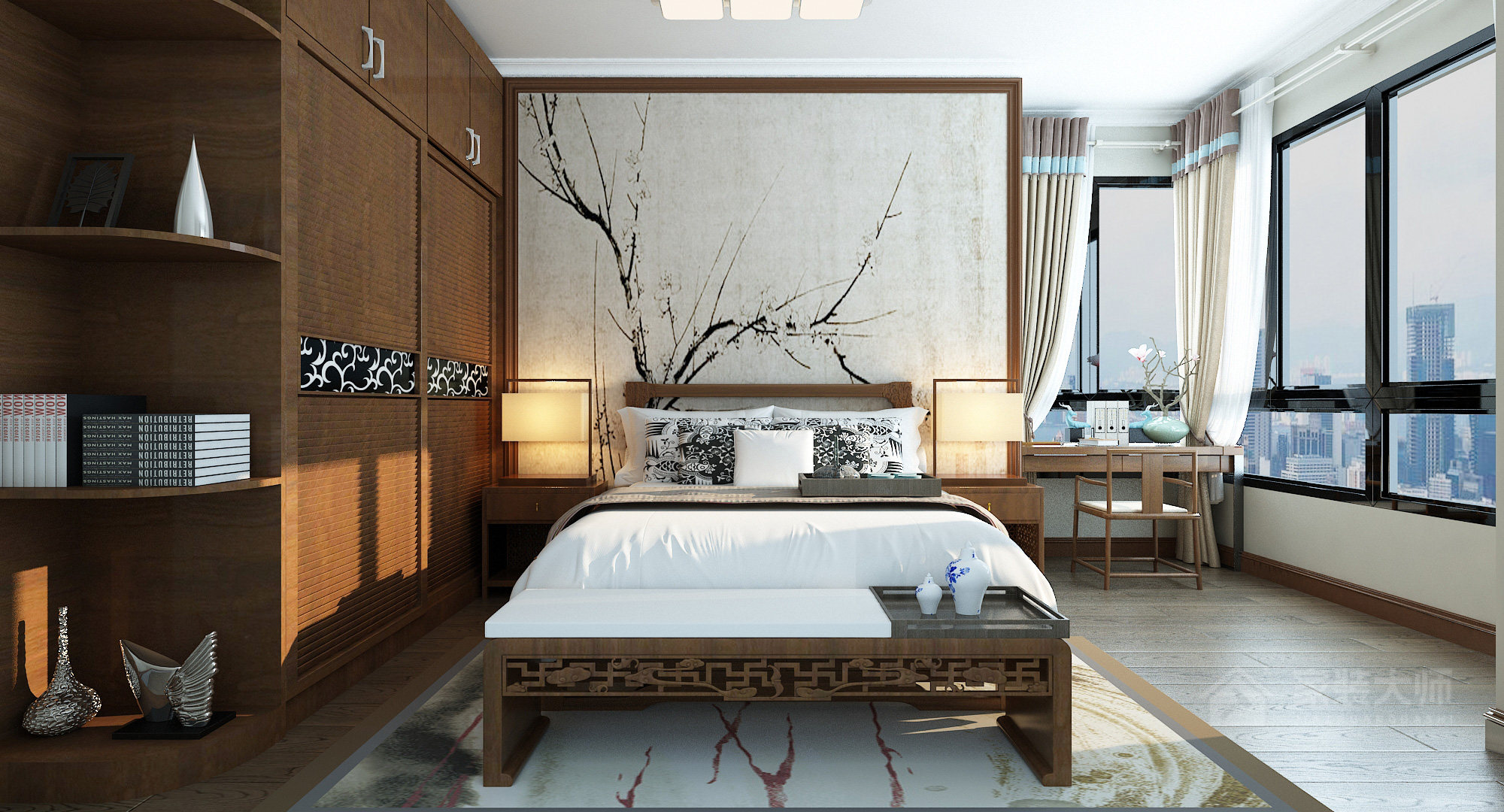新中式風格臥室床頭背景墻圖片