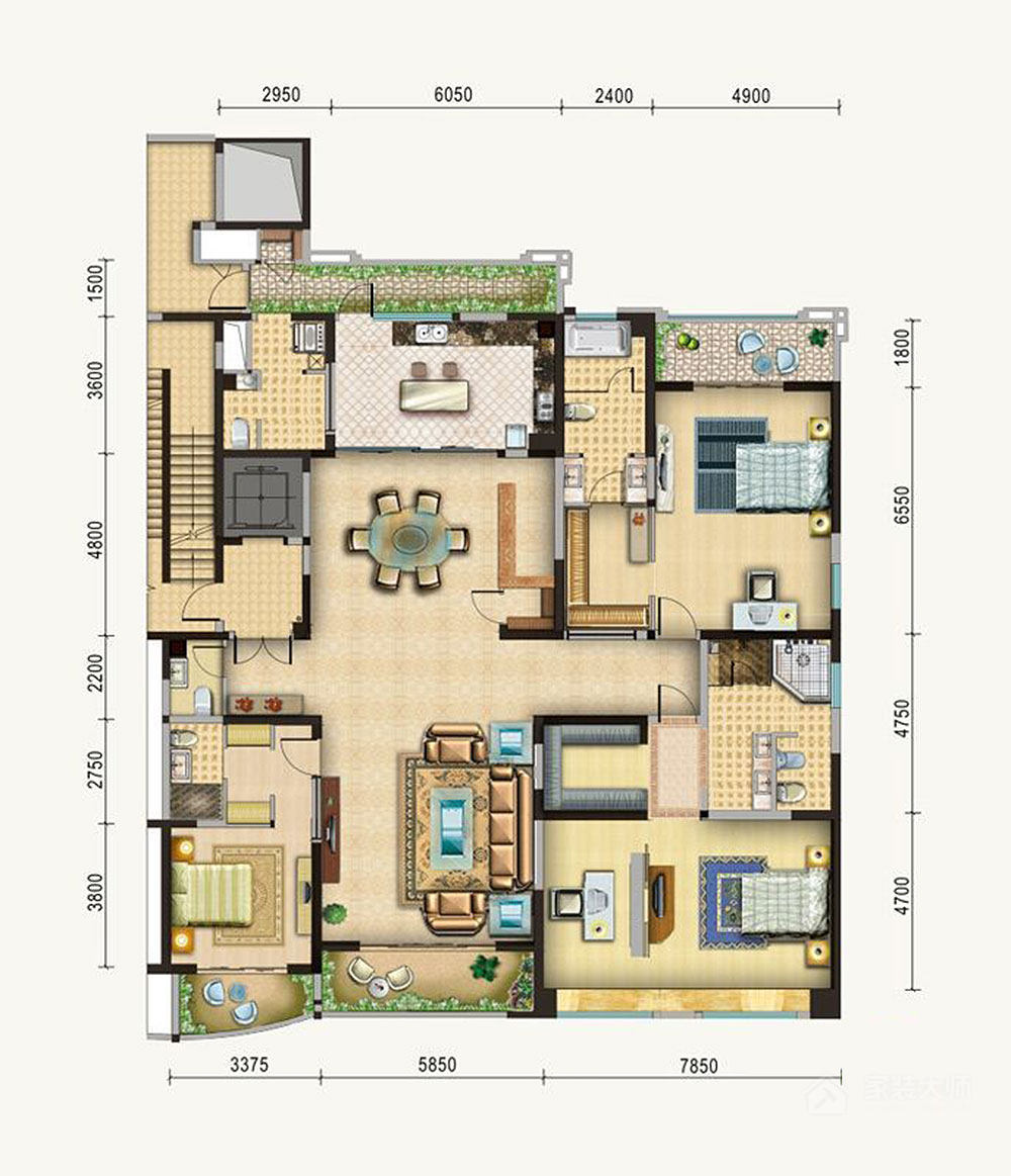 綠地錦天府一期A(yíng)3戶(hù)型戶(hù)型3室2廳5衛1廚 343.00㎡歐