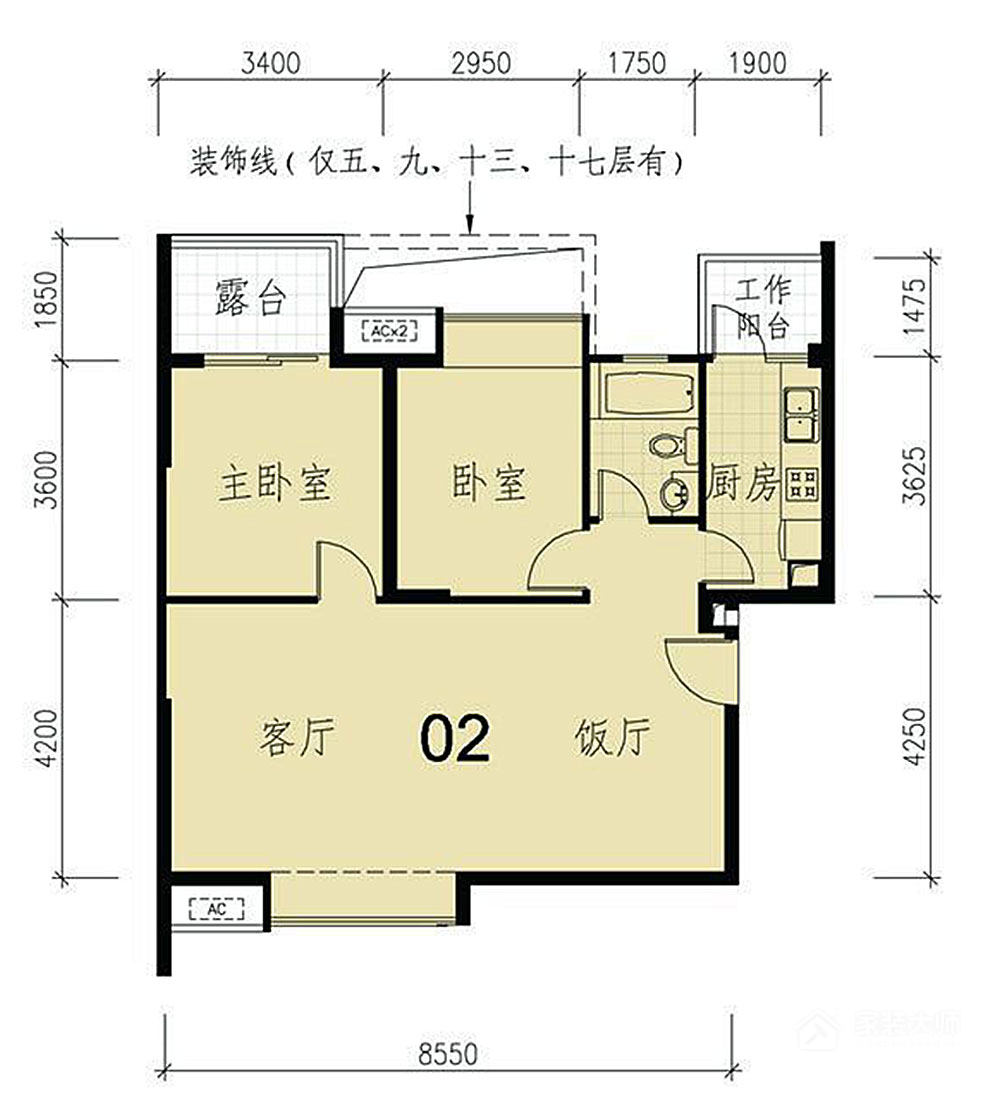 南城都汇御天下4期46#302户型 2室2厅1卫1厨 88.