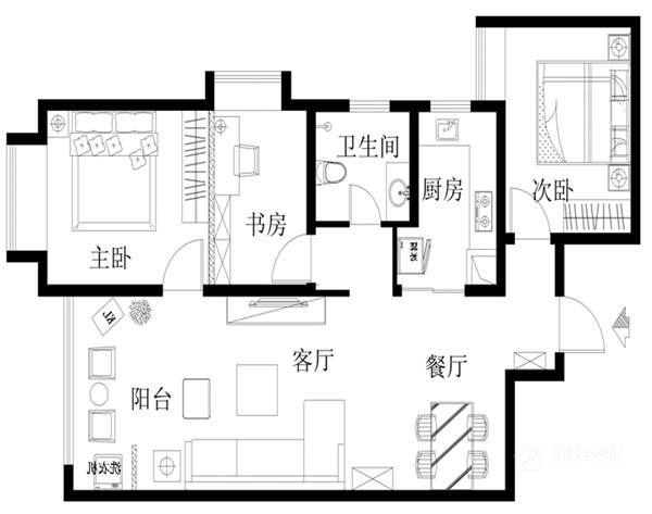 名泉春晓105平米-现代简约风格三居设计案例图